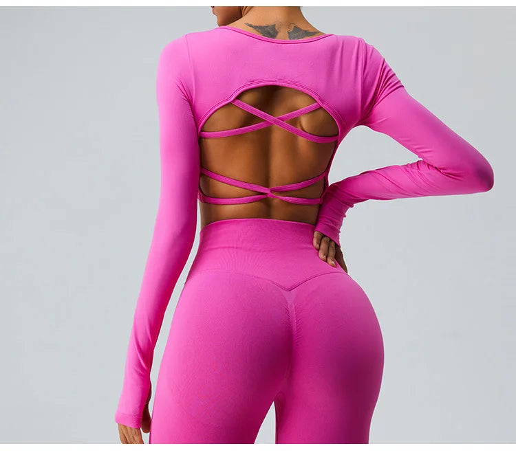 Sexy Women's Backless Shirt Seamless Crop Top Fitness Shirts Long Sleeve Gym Workout Sports Top Woman Front Yoga Tops Activewear