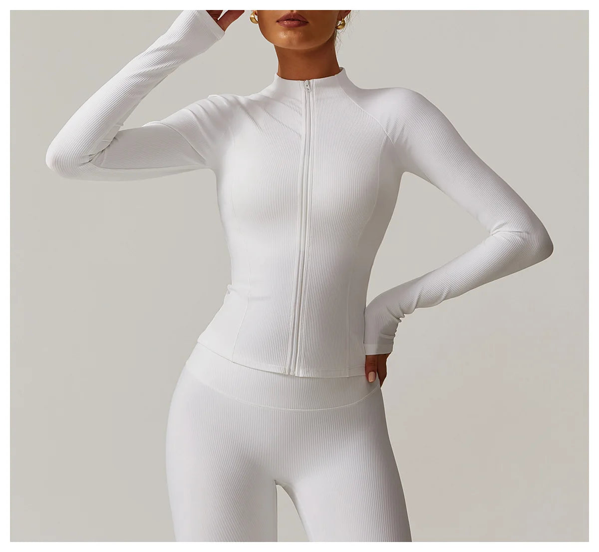 Ribbed Sports Long Sleeved Women Slim Yoga Clothes Quick Dry Zipper Cardigan Stand Up Collar Jacket Running Fitness Jacket Top