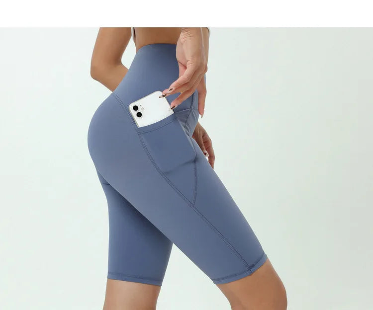 Comfortable Skin Friendly Summer High Waist Yoga Shorts Gym Hip Lift Pants Pocket Breathable Running Cycling Sports Shorts Women