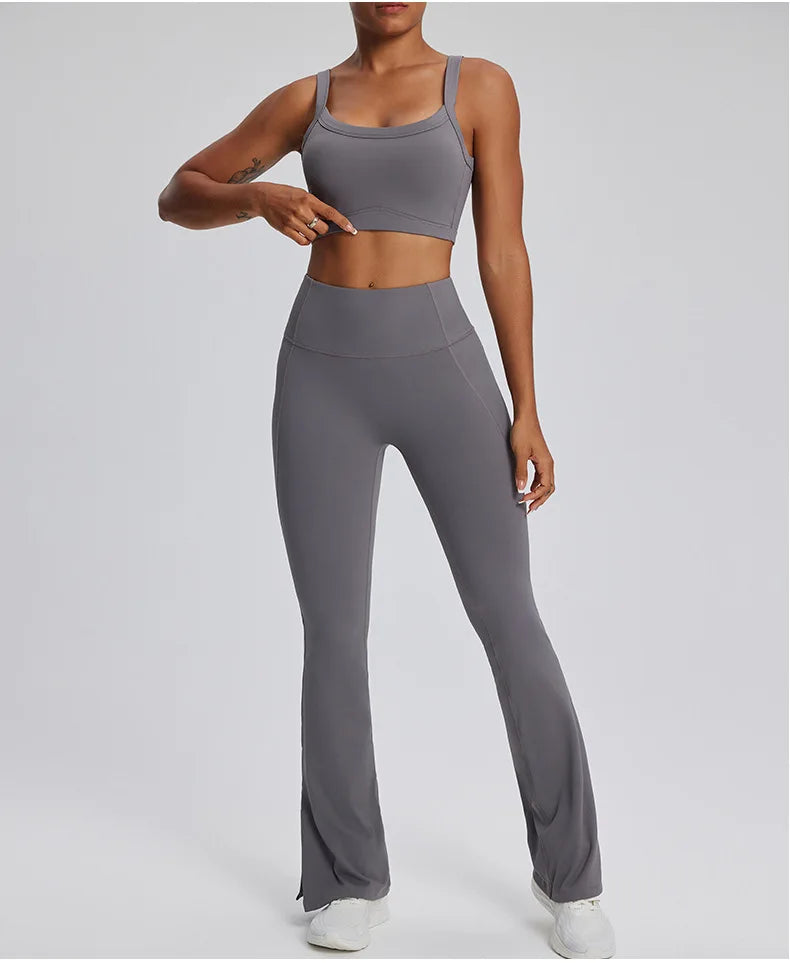 2PCS Yoga Suit Gym Set Women Clothes Running Tracksuit Workout Long Sleeve High Waist Bell-bottoms Sports Shirt Yoga Clothing