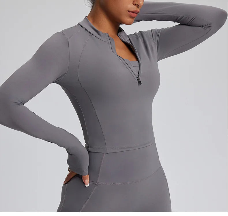 Half Zipper Long Sleeve Yoga Shirts Sport Top Fitness Yoga Top Gym Top Sports Wear For Women Push Up Running Full Sleeve Jacket