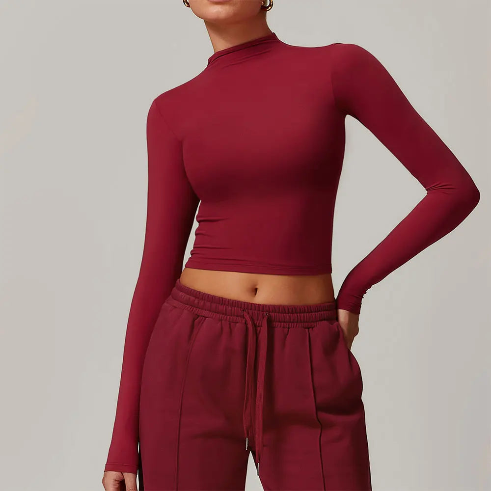 Women Crop Tops High Neck Yoga T-shirts Solid Sports Top Long Sleeve Running Shirts Exposed Navel Quick Dry Fitness Gym Sport