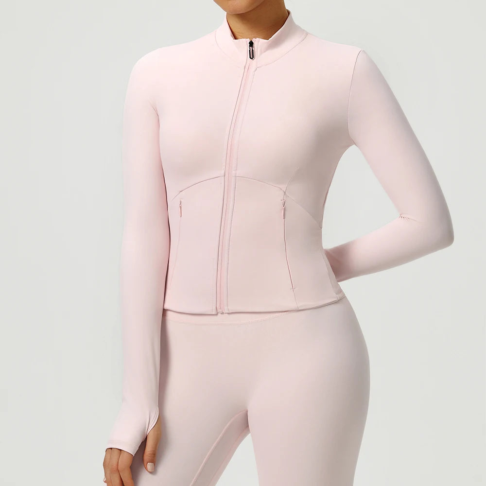 Women Outdoor Sports Long Sleeved Slim Yoga Clothes Quick Dry Zipper Cardigan Stand Up Collar Jacket Running Fitness Jacket Top
