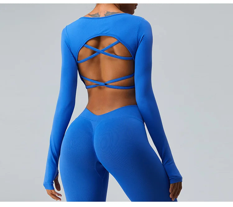 Sexy Women's Backless Shirt Seamless Crop Top Fitness Shirts Long Sleeve Gym Workout Sports Top Woman Front Yoga Tops Activewear