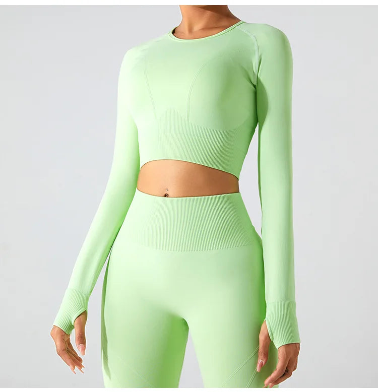 Women's Seamless Long Sleeve Top Yoga Shirts Running T-Shirt Workout Running Fitness Gym Sports Top Training Crop Top Solidcolor