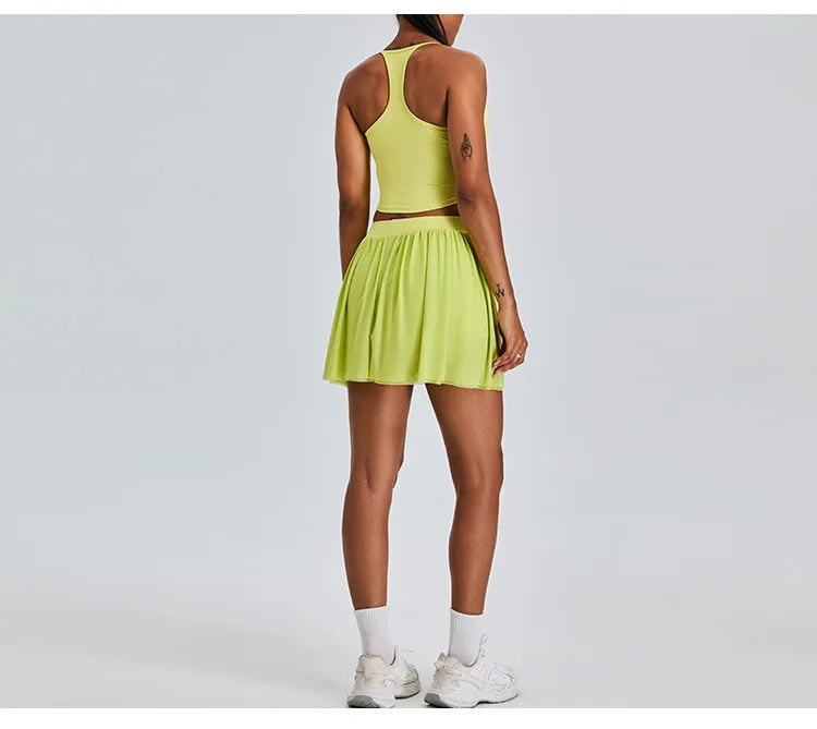 2 Piece Sportswear Leisure Sports Short Skirt Yoga Set Women's Belt Lined Mesh Pleated Tennis Skirt Running Push Up Fitness Suit