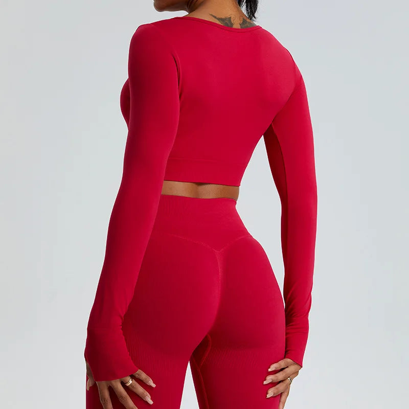 Yoga T-shirts Women Crop Top Solid Sports Top Long Sleeve Seamless Running Shirts Exposed Navel Quick Dry Fitness Gym Sport Wear