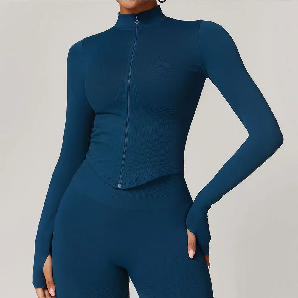 Ribbed Yoga Tops Women's Standing Collar Yoga Long Sleeved Sports Jacket Running Training Fitness Top Gym Workout Running Shirt
