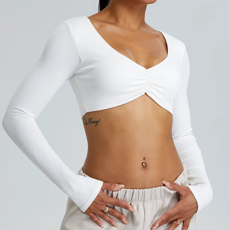 Yoga Shirts Women Crop Top Ribbed Long Sleeves Sexy Shirts for Women Yoga Sports Fitness Running Gym Clothes Push Up Workout Top