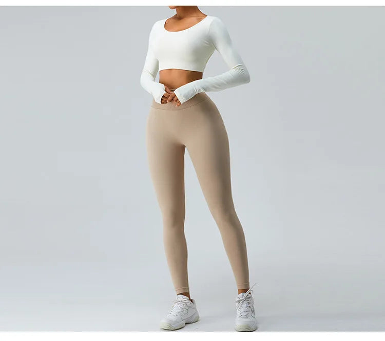 Sexy Women's Backless Shirt Seamless Crop Top Fitness Shirts Long Sleeve Gym Workout Sports Top Woman Front Yoga Tops Activewear