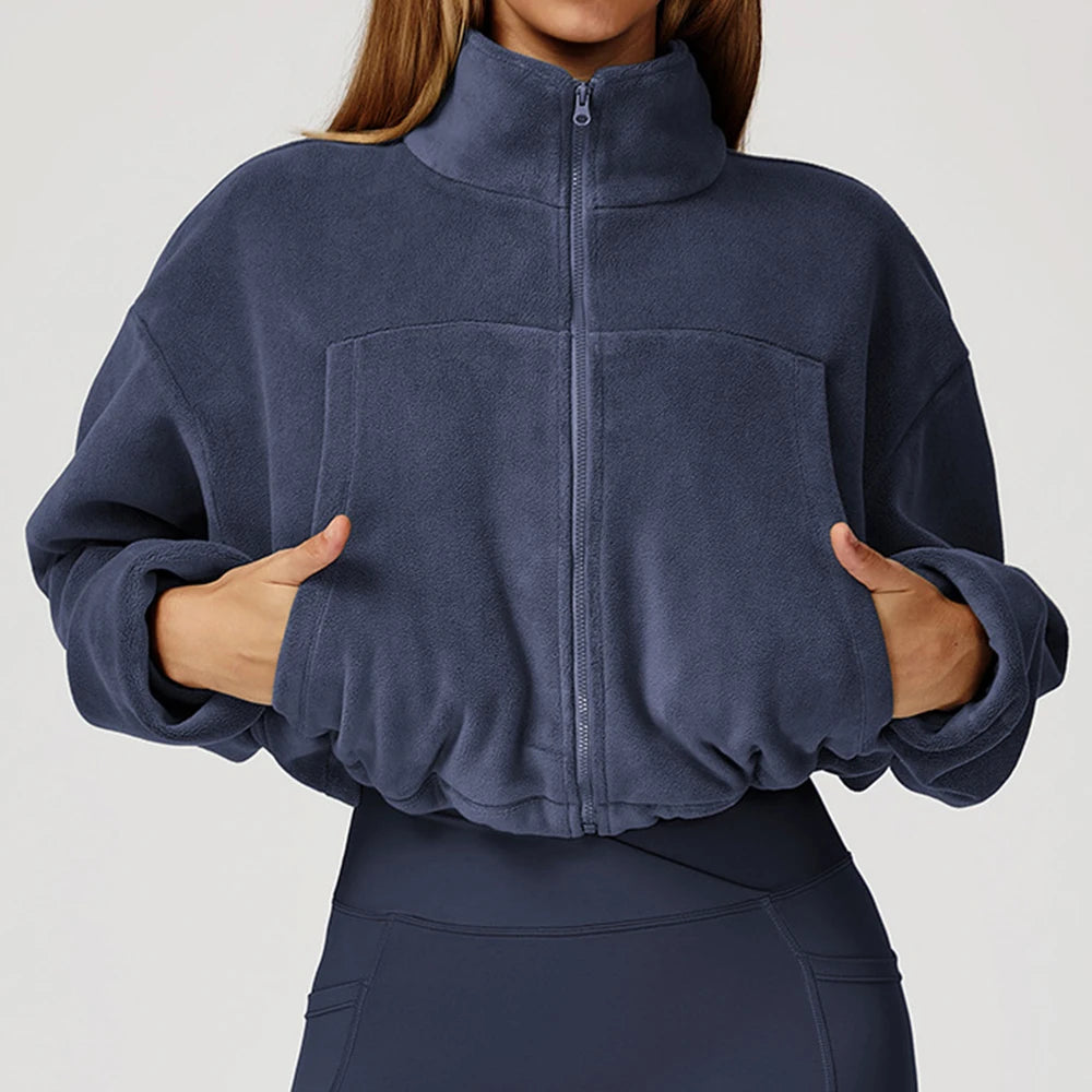 Winter Yoga Jacket Women Long Sleeved Stand Up Collar Windproof Warm Fleece Drawstring Jacket Running With Fleece Sports Jacket