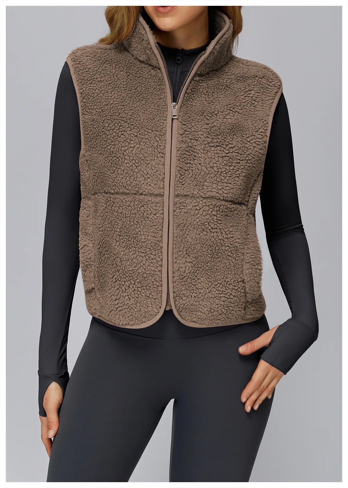 Winter Women's Standing Collar and Velvet Sports Vest Sleeveless Zipper Outerwear Vest Outdoor Running and Fitness Top