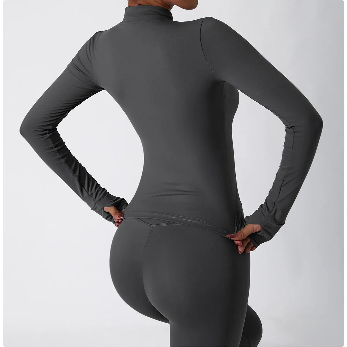 Women Zipper Jacket Yoga T-shirts Solid Sports Top Long Sleeve Crop Tops Running Shirts Sexy Quick Dry Fitness Gym Sport Wear