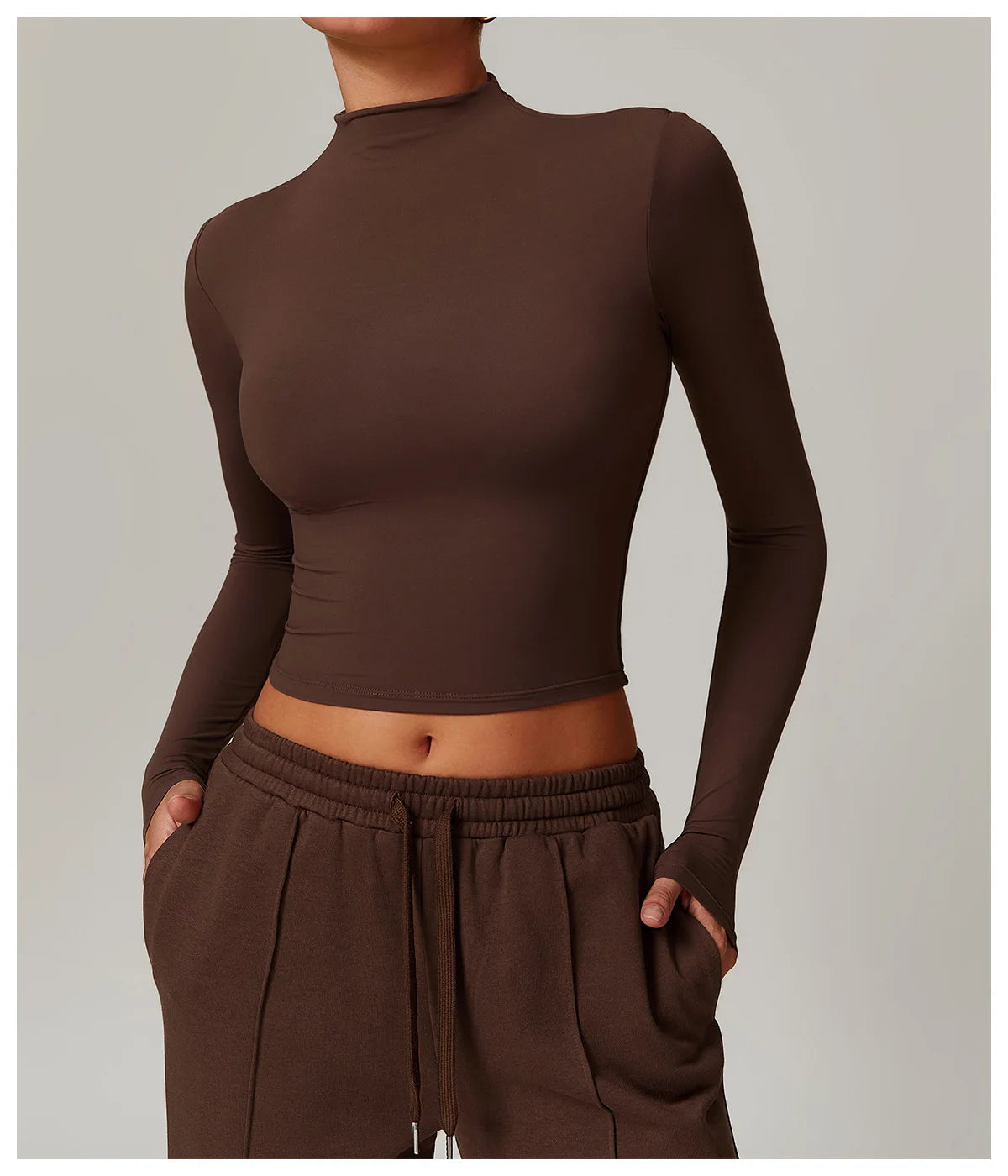 Women Crop Tops High Neck Yoga T-shirts Solid Sports Top Long Sleeve Running Shirts Exposed Navel Quick Dry Fitness Gym Sport