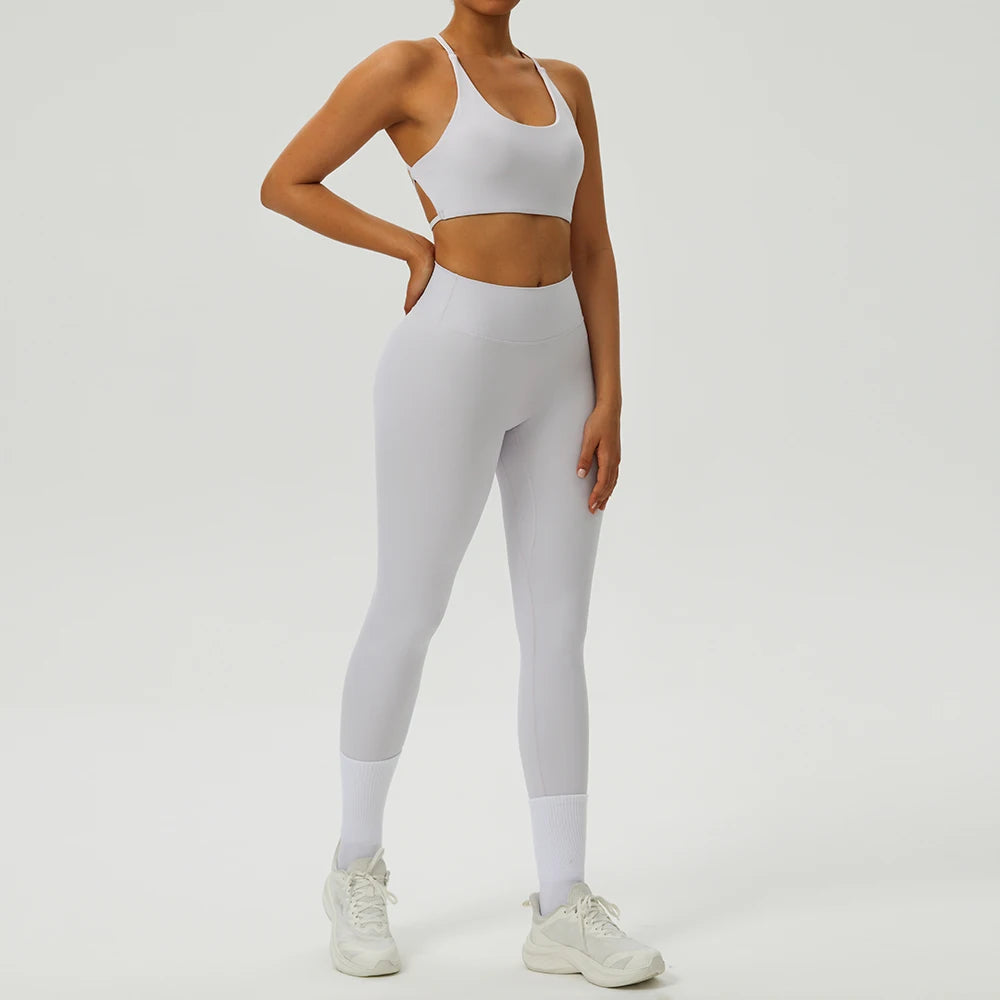 Yoga Clothes Set 2 Piece Gym Set Sportswear Women Cross Back Bra Top High Waist Leggings Fitness Suit Running Workout Tracksuit