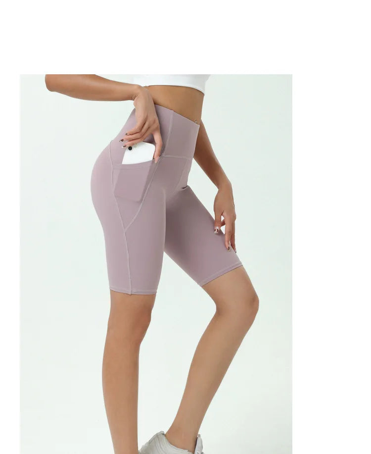 Comfortable Skin Friendly Summer High Waist Yoga Shorts Gym Hip Lift Pants Pocket Breathable Running Cycling Sports Shorts Women