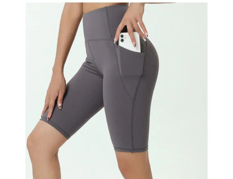Comfortable Skin Friendly Summer High Waist Yoga Shorts Gym Hip Lift Pants Pocket Breathable Running Cycling Sports Shorts Women