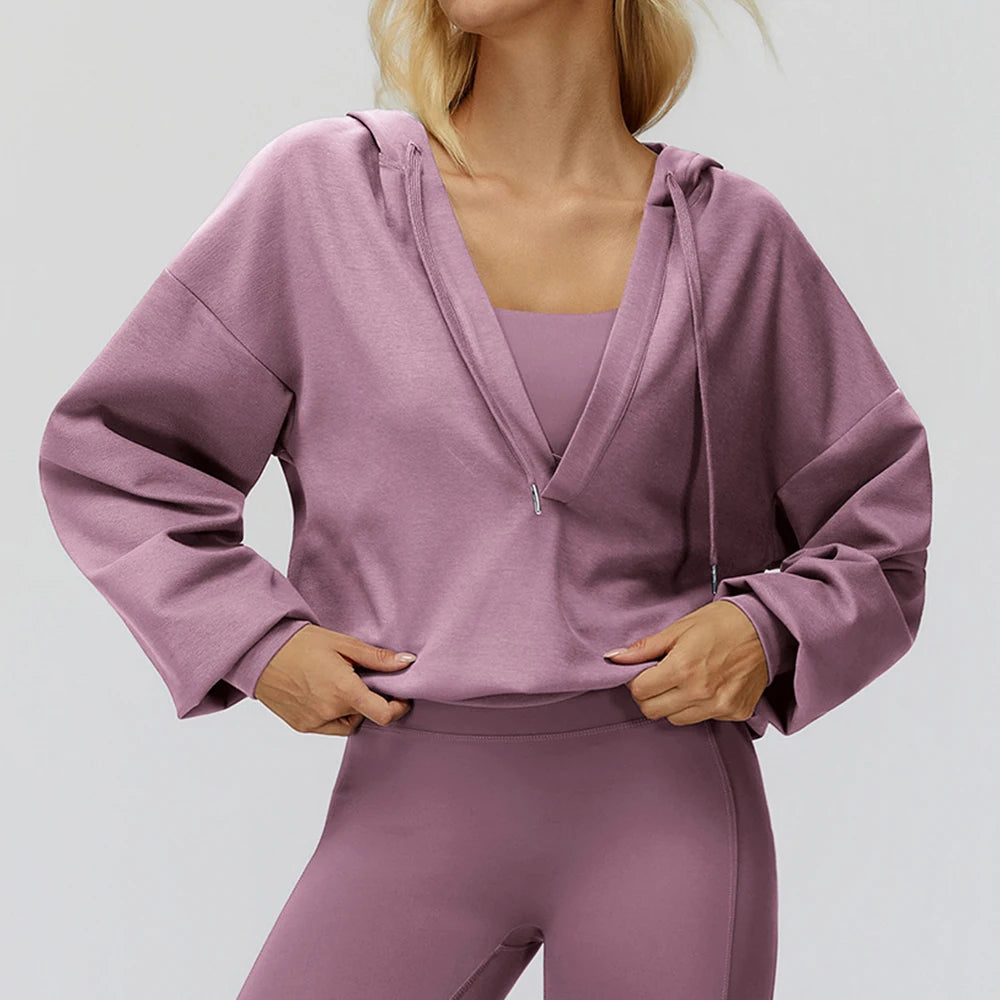 Autumn New Yoga Long Sleeved Women's Hooded Jacket V-neck Loose and Comfortable Outerwear Outdoor Running Workout Sports Jacket