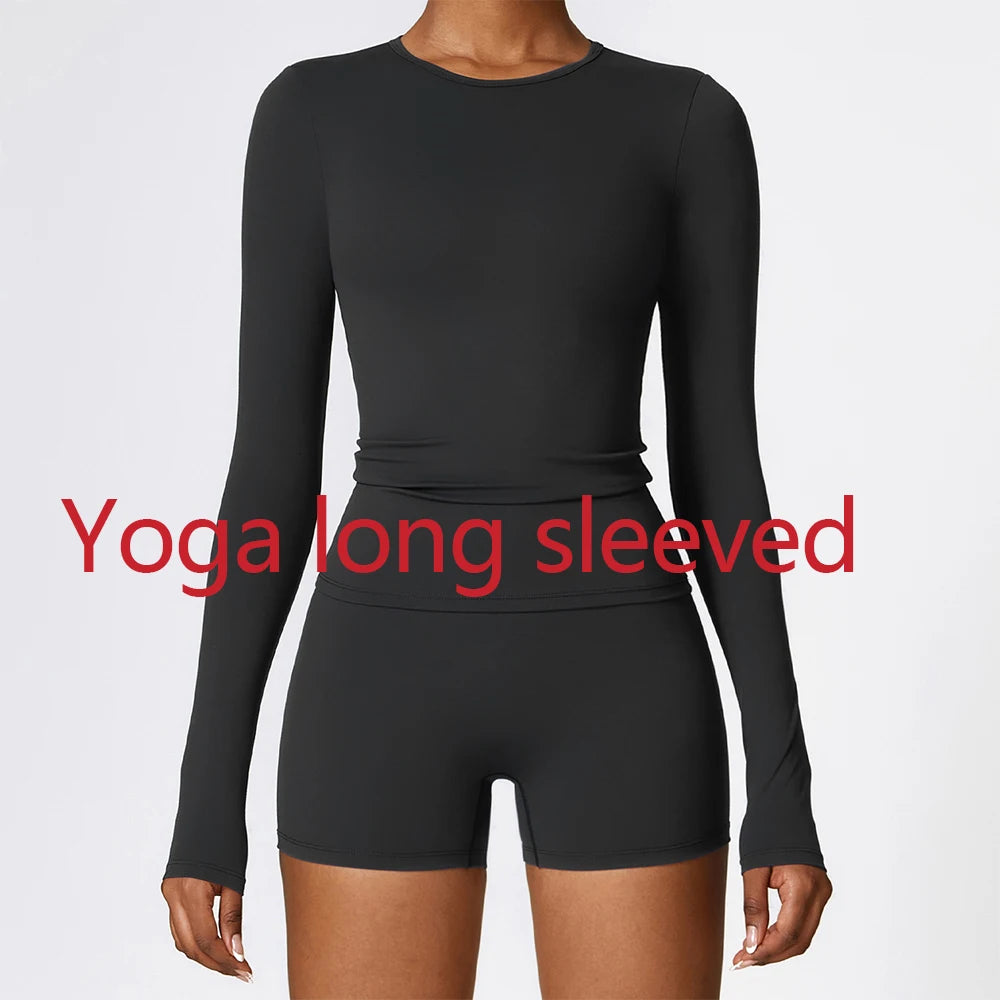 Yoga T-shirts Solid Sports Top Women Long Sleeve Gym Workout Running Shirts Sexy Exposed Navel Quick Dry Fitness Gym Sport Wear