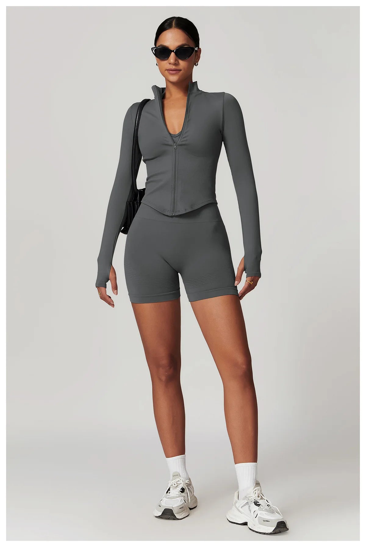 Ribbed Yoga Tops Women's Standing Collar Yoga Long Sleeved Sports Jacket Running Training Fitness Top Gym Workout Running Shirt