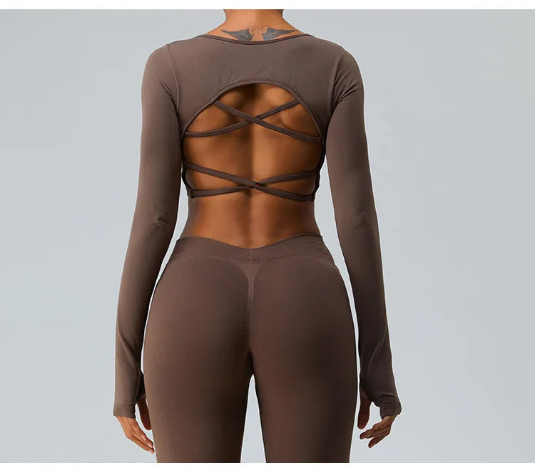 Sexy Women's Backless Shirt Seamless Crop Top Fitness Shirts Long Sleeve Gym Workout Sports Top Woman Front Yoga Tops Activewear
