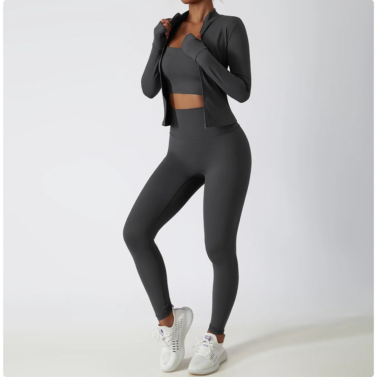 Women Zipper Jacket Yoga T-shirts Solid Sports Top Long Sleeve Crop Tops Running Shirts Sexy Quick Dry Fitness Gym Sport Wear