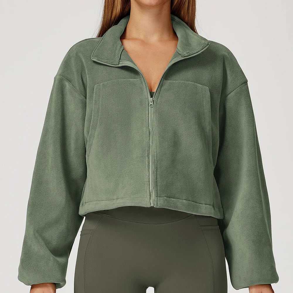 Winter Yoga Jacket Women Long Sleeved Stand Up Collar Windproof Warm Fleece Drawstring Jacket Running With Fleece Sports Jacket
