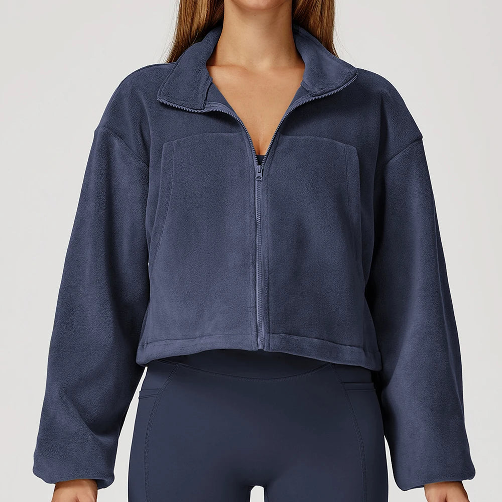 Winter Yoga Jacket Women Long Sleeved Stand Up Collar Windproof Warm Fleece Drawstring Jacket Running With Fleece Sports Jacket
