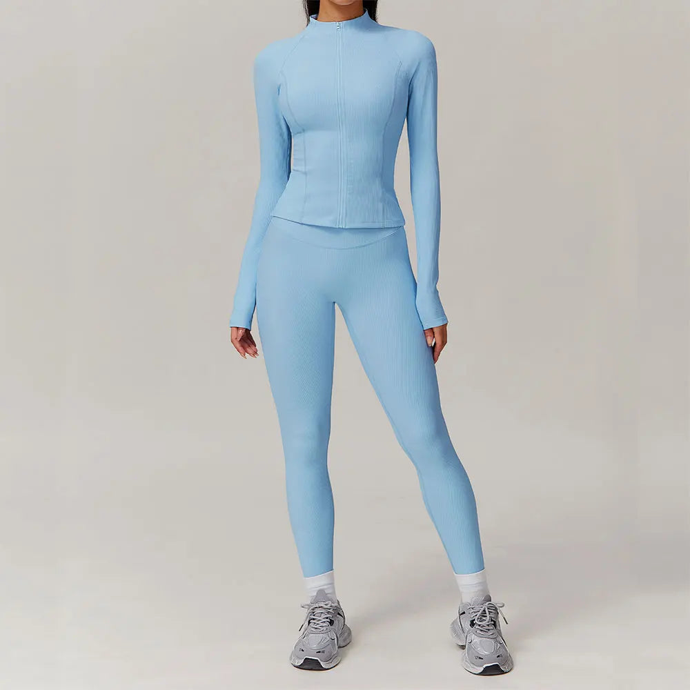 2 Pieces Yoga Suit Women Sports Set Ribbed Gym Set Women Tracksuit Running Workout Zipper Long Sleeve Sports Shirt Yoga Clothing