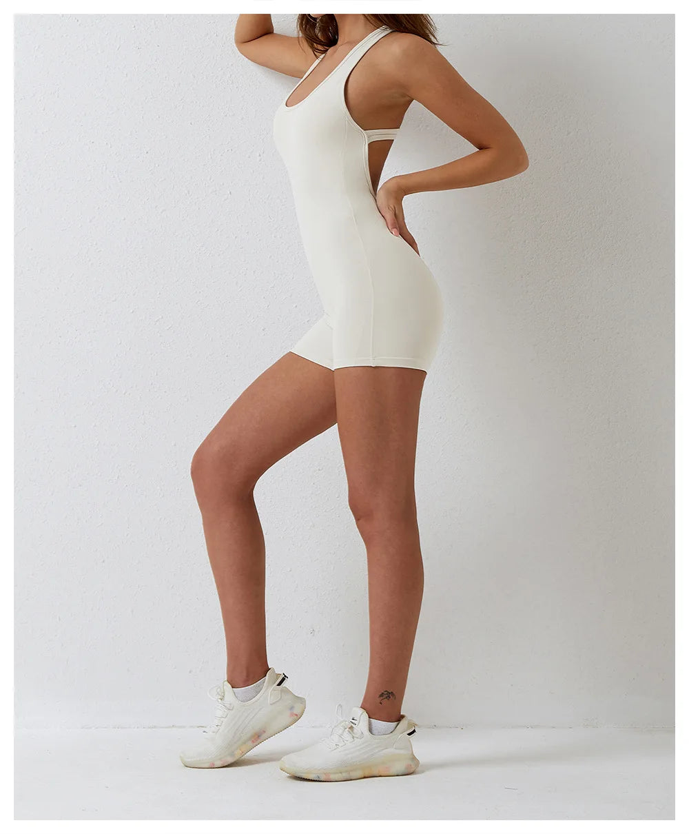 Open Back Jumpsuit for Women Workout Gym Romper Padded Yoga Set V Neck Gym Suit Backless Bodysuit Fitness Padded Gym Clothing