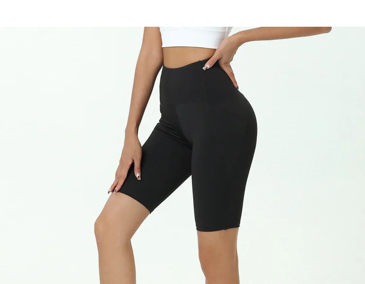 Comfortable Skin Friendly Summer High Waist Yoga Shorts Gym Hip Lift Pants Pocket Breathable Running Cycling Sports Shorts Women
