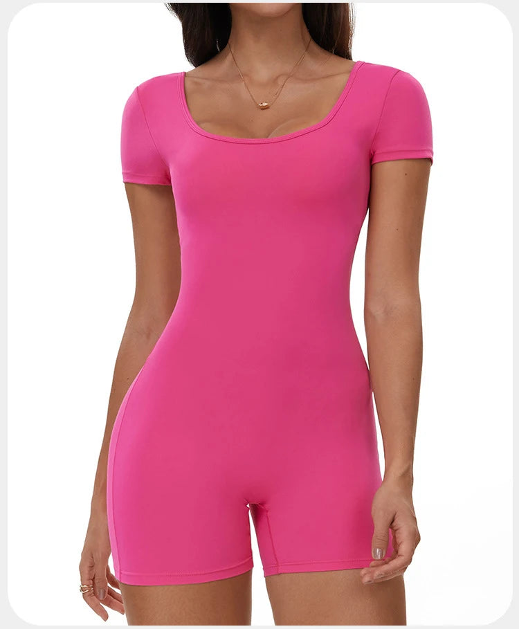 Fitness Jumpsuit Women Tracksuit Sports Short Sleeves Playsuit Running One Piece Yoga Suit Scrunch Shorts Backless Set Rompers
