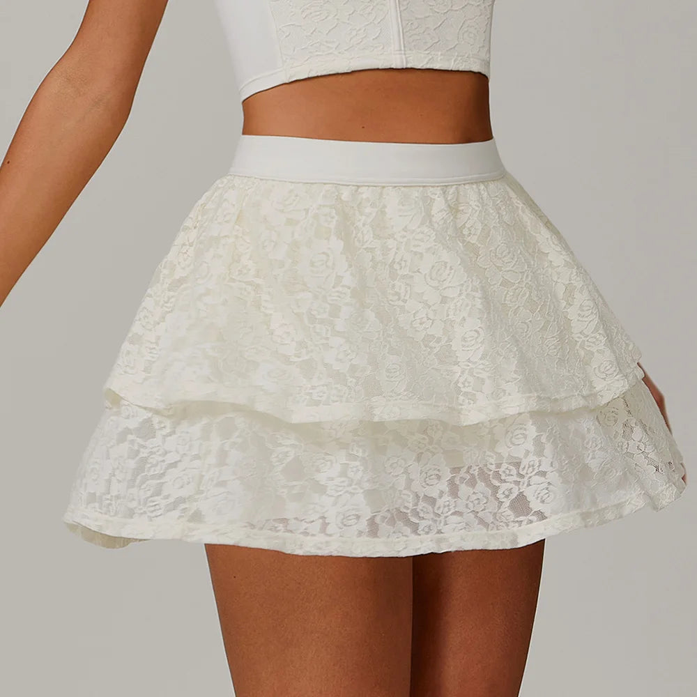 Women's High Waisted Tennis Lace Skirt Tennis Yoga Golf Sports Belt Safety Pants Pocket Comfortable and Breathable Sports Skirt