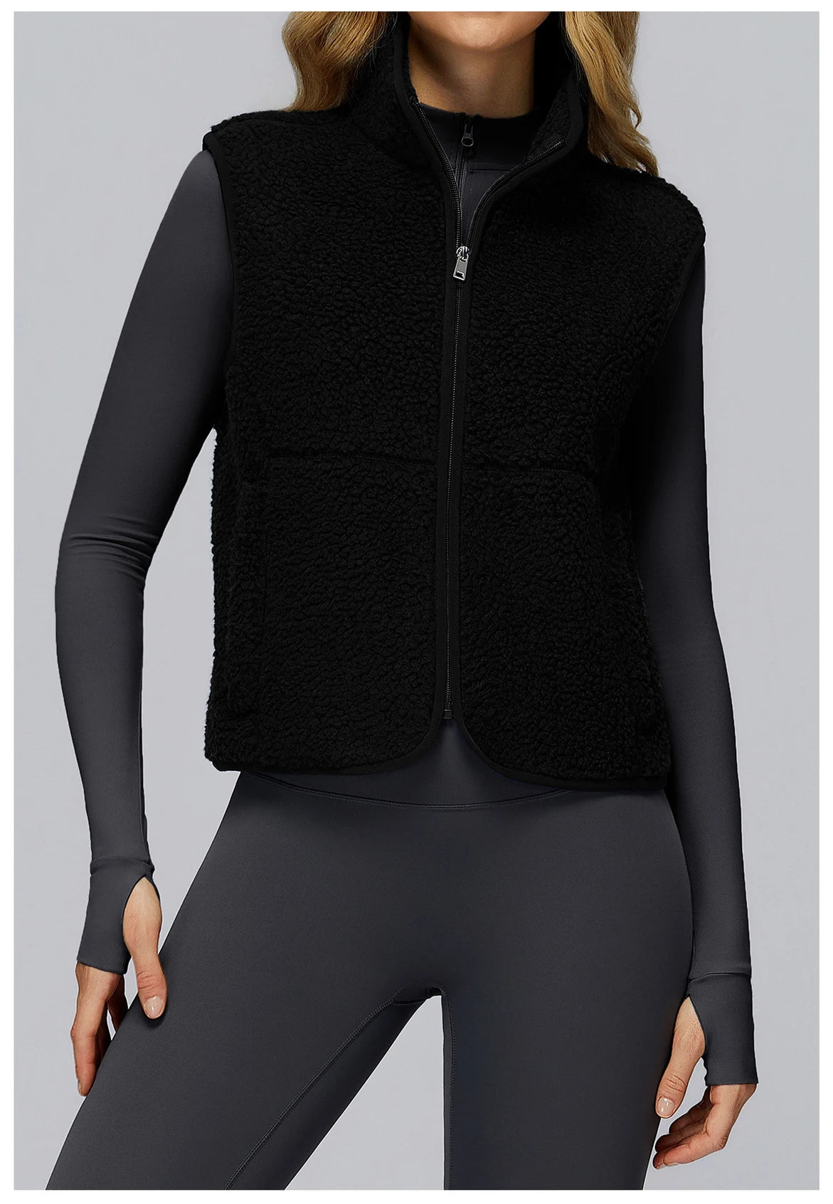 Winter Women's Standing Collar and Velvet Sports Vest Sleeveless Zipper Outerwear Vest Outdoor Running and Fitness Top
