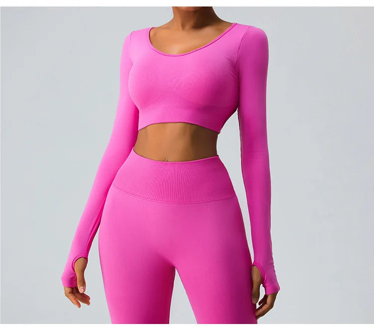 Sexy Women's Backless Shirt Seamless Crop Top Fitness Shirts Long Sleeve Gym Workout Sports Top Woman Front Yoga Tops Activewear
