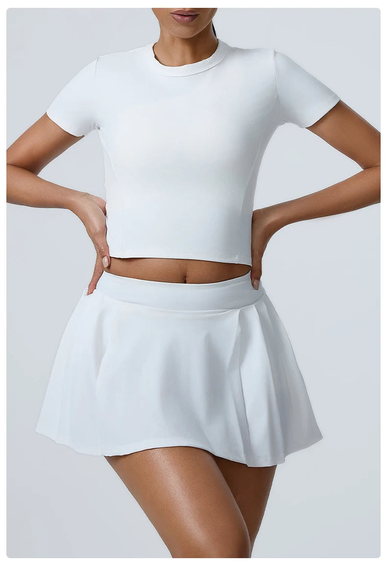 Yoga Set Workout Sets for Women Sportswear 2PCS Gym Suits Crop Short Sleeves High Waist Shorts Outfits Fitness Running Tracksuit