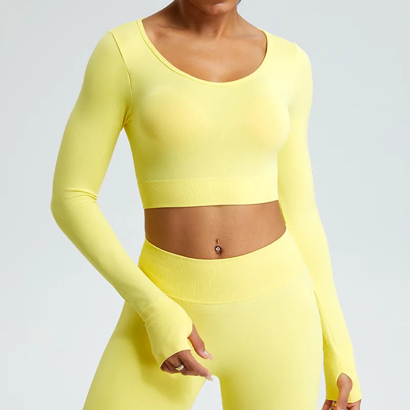 Yoga T-shirts Women Crop Top Solid Sports Top Long Sleeve Seamless Running Shirts Exposed Navel Quick Dry Fitness Gym Sport Wear