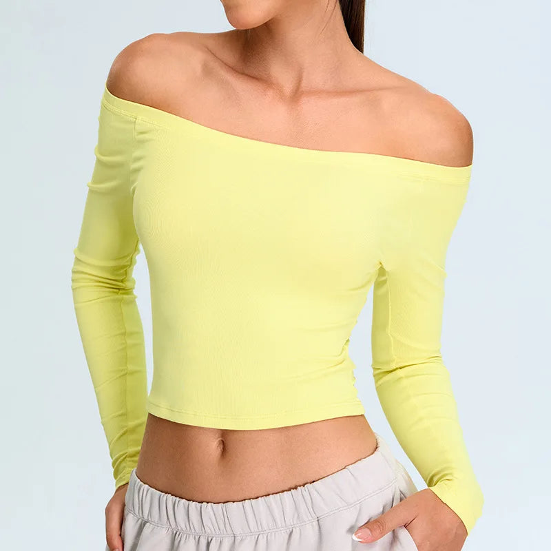 Off Shoulder Long Sleeve Yoga T-shirts Women Solid Sports Top Gym Workout Running Shirts Sexy Quick Dry Fitness Gym Sport Wear