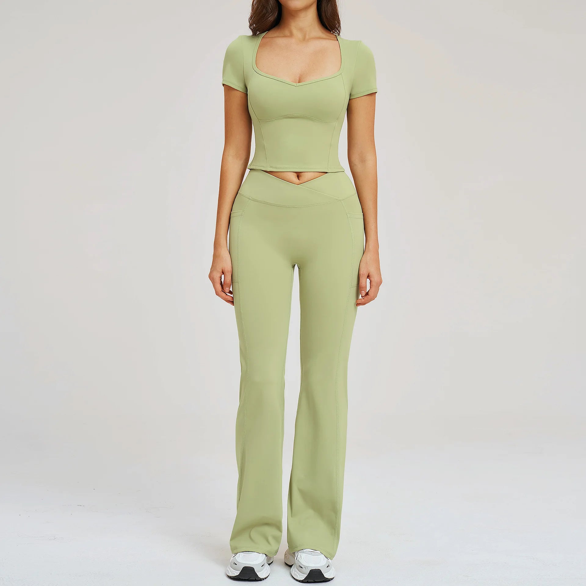 Yoga Set 2 Pieces Gym Clothes Sportswear Yoga Outfits For Women Fitness Short Sleeve Crop Top Tracksuits Sports Set Gym Leggings