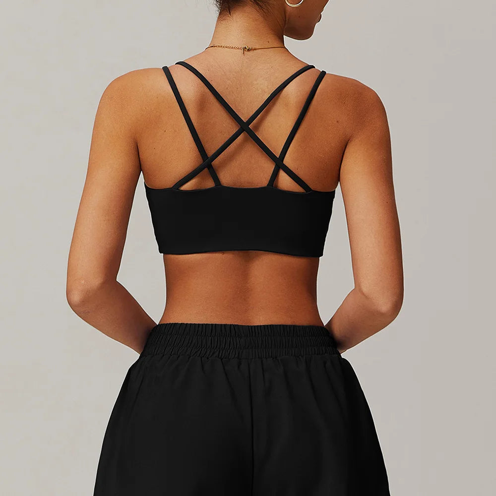 Women's Sports Bra Sexy Criss Cross Straps Back High Support Impact Yoga Underwear Running Fitness Gym Padded Bralette Tops