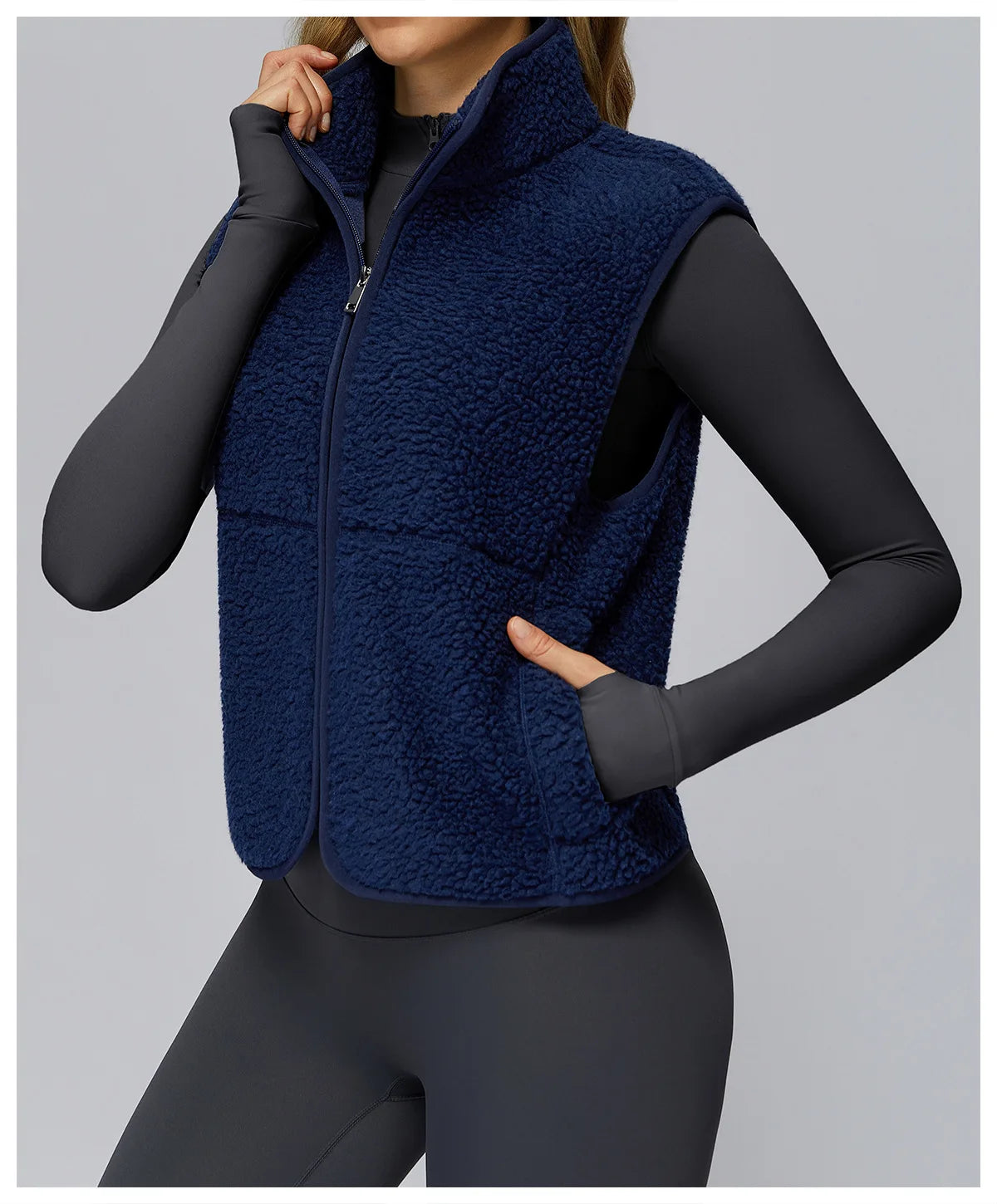 Winter Women's Standing Collar and Velvet Sports Vest Sleeveless Zipper Outerwear Vest Outdoor Running and Fitness Top