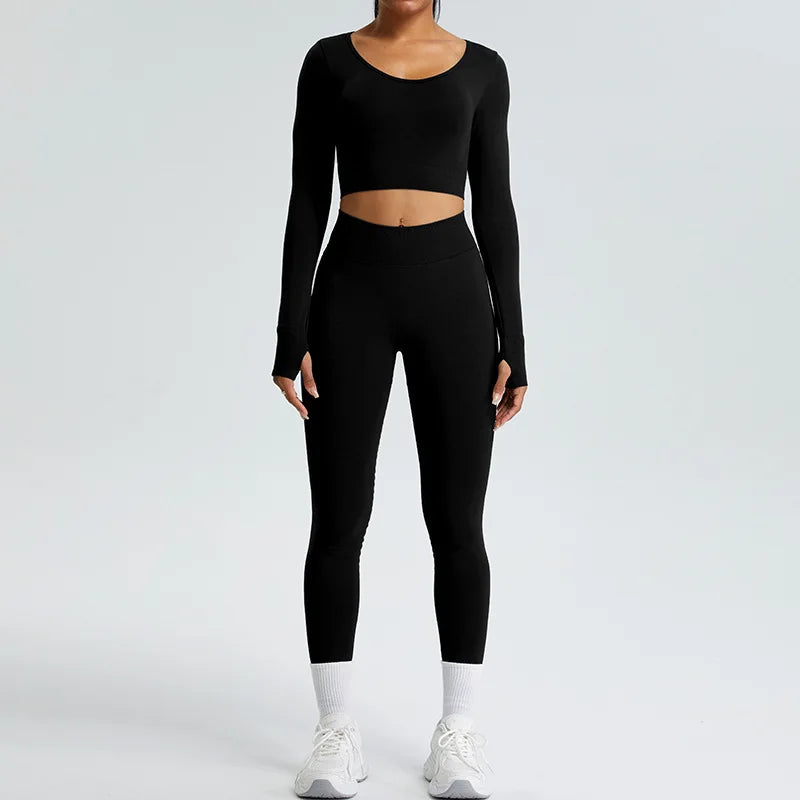 Yoga T-shirts Women Crop Top Solid Sports Top Long Sleeve Seamless Running Shirts Exposed Navel Quick Dry Fitness Gym Sport Wear