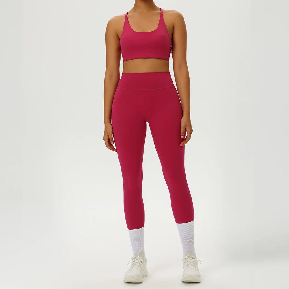 Yoga Clothes Set 2 Piece Gym Set Sportswear Women Cross Back Bra Top High Waist Leggings Fitness Suit Running Workout Tracksuit