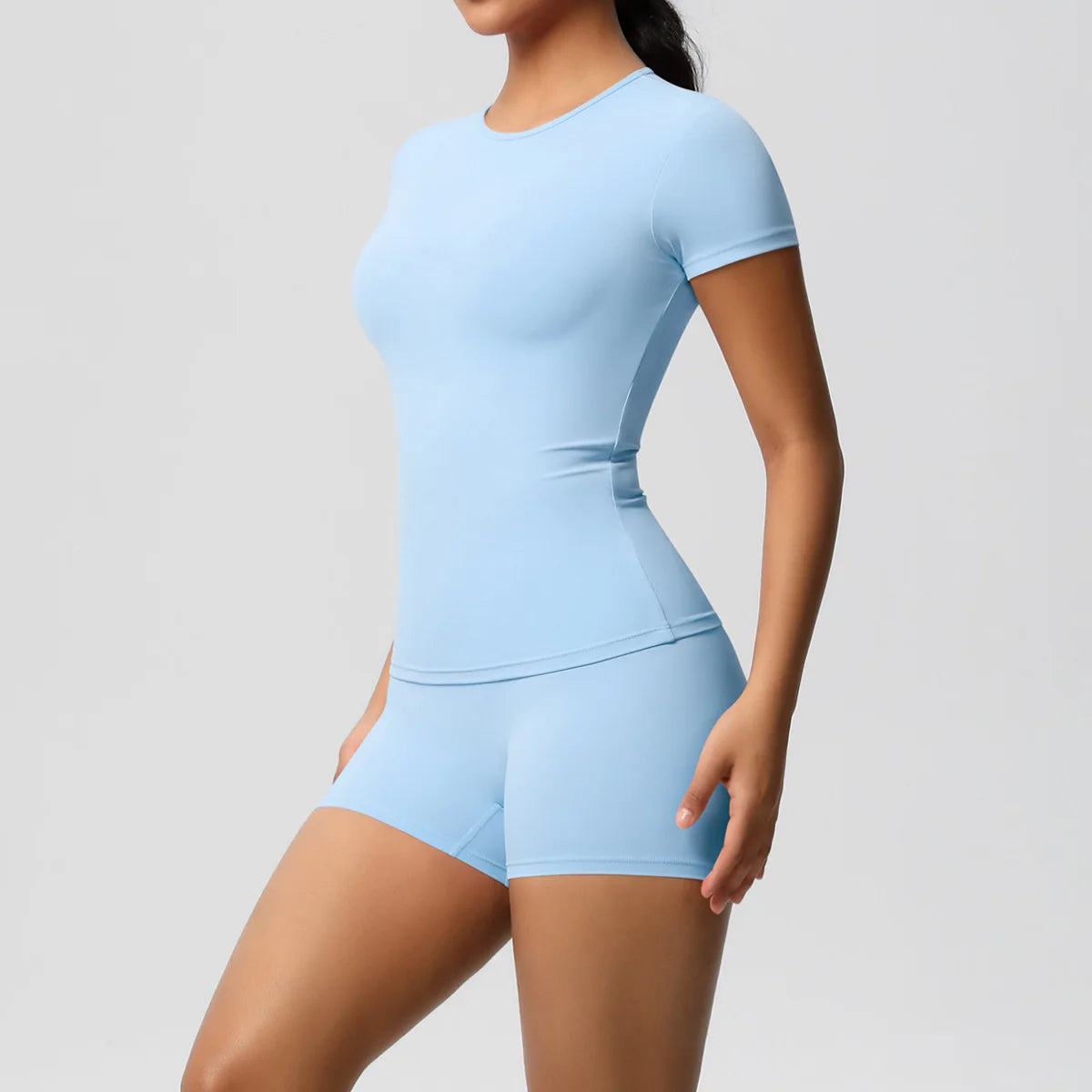 UREN 2PCS Gym Set Summer Short Sleeve Breathable Stretchy GYM Yoga Slim Fitness Active Top Women's Quick-Drying Cycling Short