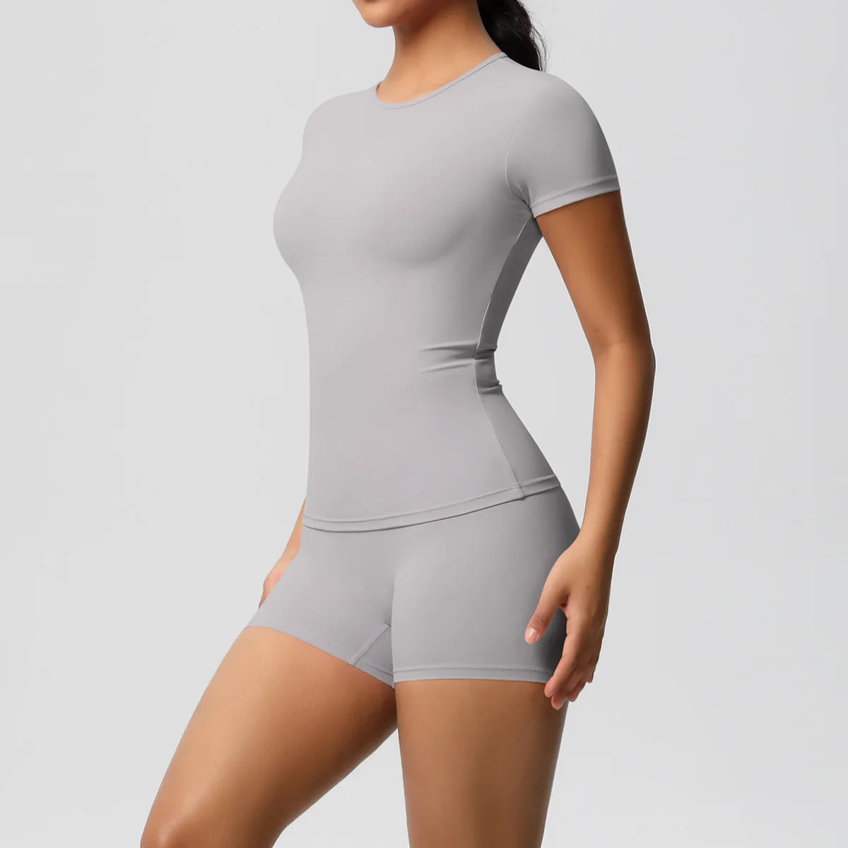 UREN 2PCS Gym Set Summer Short Sleeve Breathable Stretchy GYM Yoga Slim Fitness Active Top Women's Quick-Drying Cycling Short