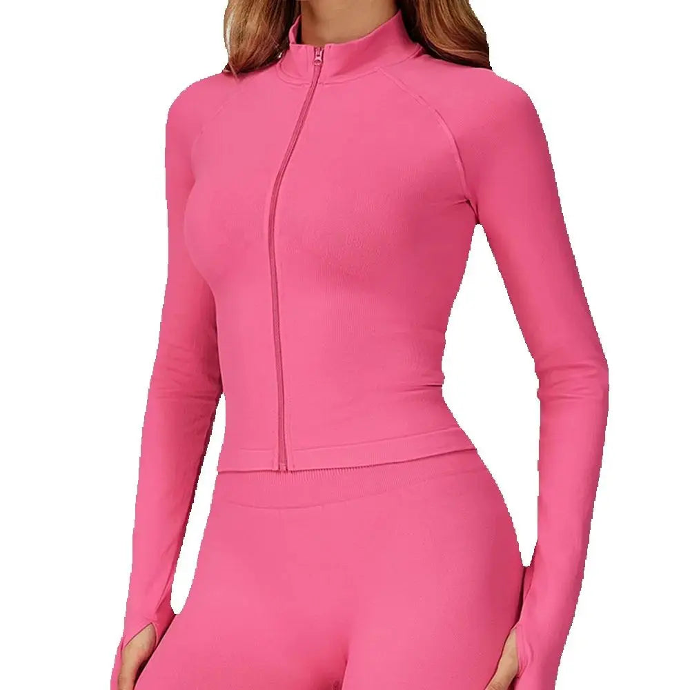 Seamless Zipper Jacket Women Crop Top Yoga T-shirts Solid Sports Top Long Sleeve Running Shirts Quick Dry Fitness Gym Sport Wear