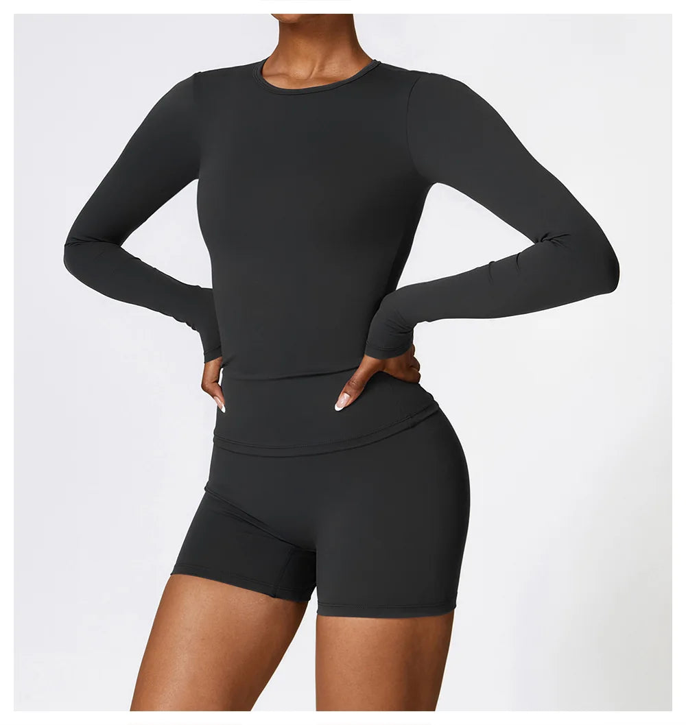Yoga T-shirts Solid Sports Top Women Long Sleeve Gym Workout Running Shirts Sexy Exposed Navel Quick Dry Fitness Gym Sport Wear
