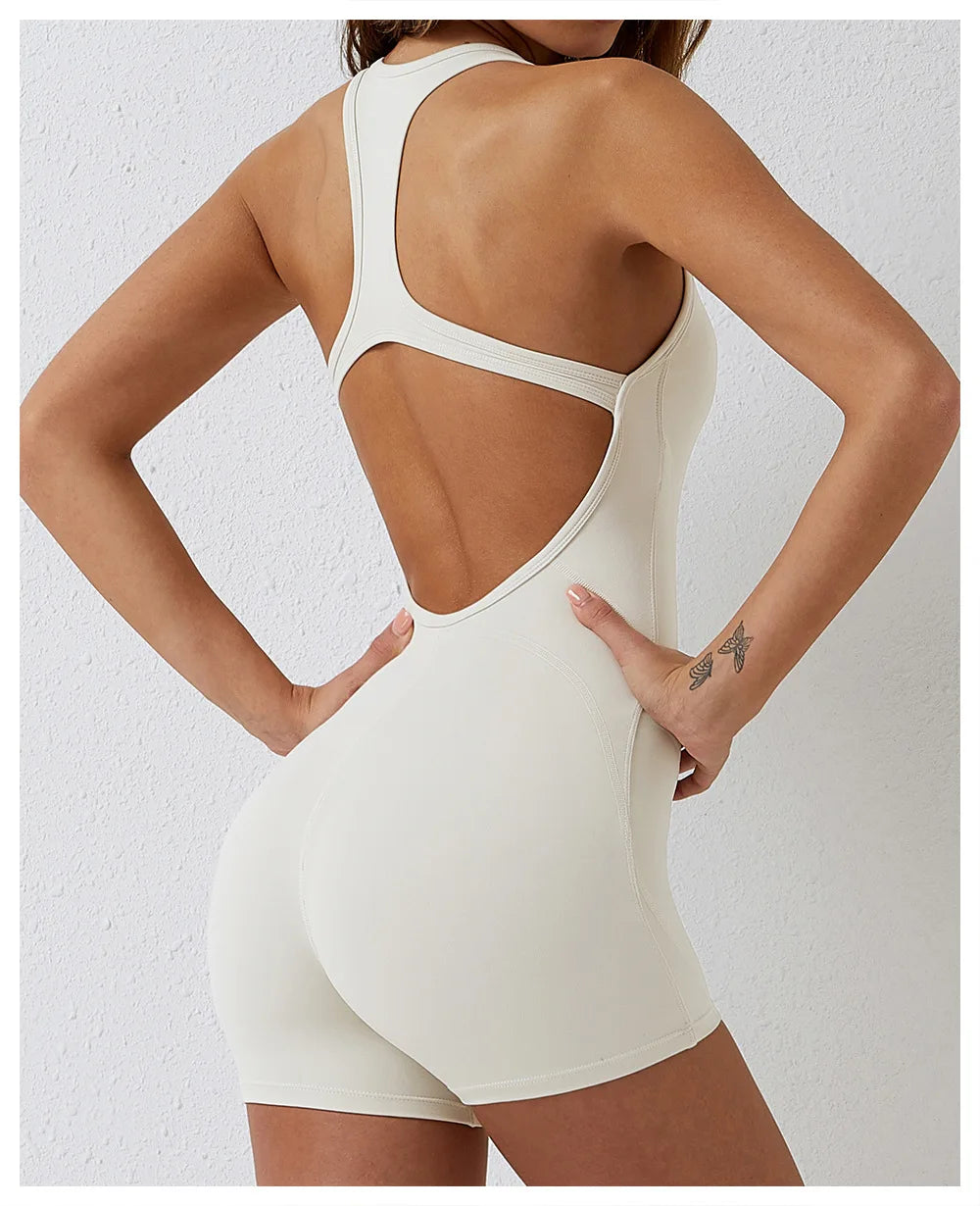 Open Back Jumpsuit for Women Workout Gym Romper Padded Yoga Set V Neck Gym Suit Backless Bodysuit Fitness Padded Gym Clothing