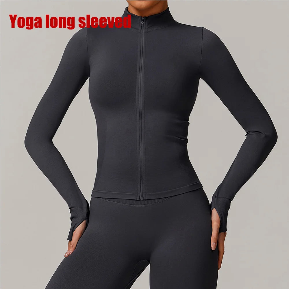 Seamless Yoga Slothes Women's Top Standing Collar Long Sleeved Sports Jacket Running Training Fitness Top Windproof Running Suit