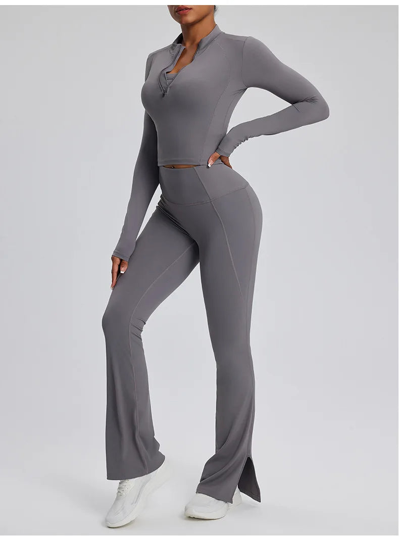 2PCS Yoga Suit Gym Set Women Clothes Running Tracksuit Workout Long Sleeve High Waist Bell-bottoms Sports Shirt Yoga Clothing